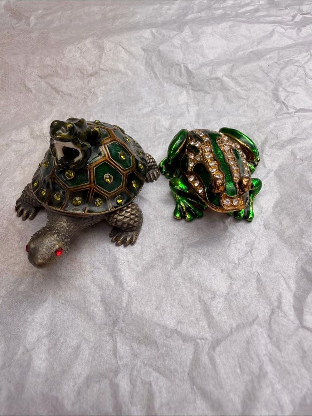 Decorative Green Turtle and Frog Trinket Boxes - Set of 2